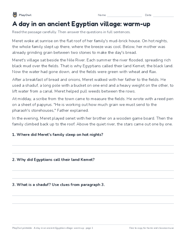 A day in an ancient Egyptian village: warm-up: reading passage for Grade 4, page 1 preview