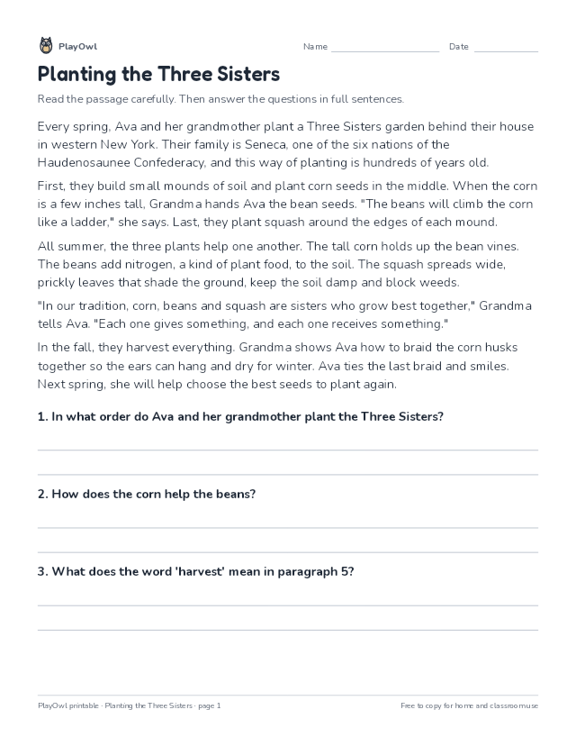 Planting the Three Sisters: reading passage for Grades 4–5, page 1 preview