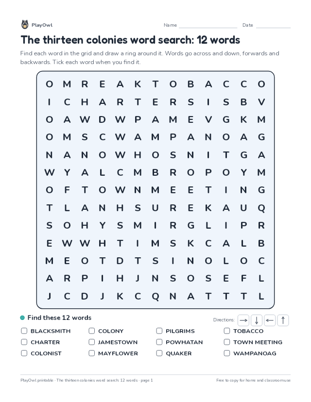 The thirteen colonies word search: 12 words: word search for Grade 4, page 1 preview