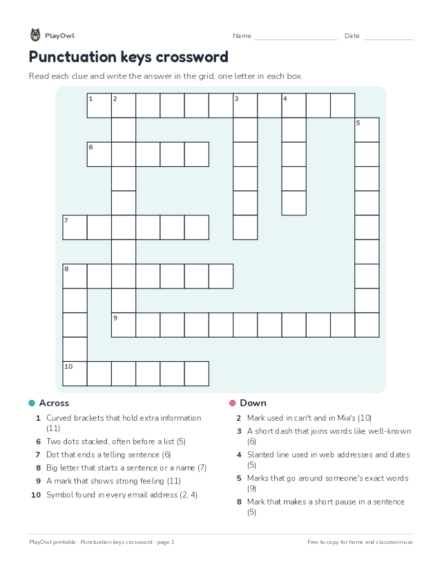 Punctuation keys crossword: crossword puzzle for Grade 4, page 1 preview