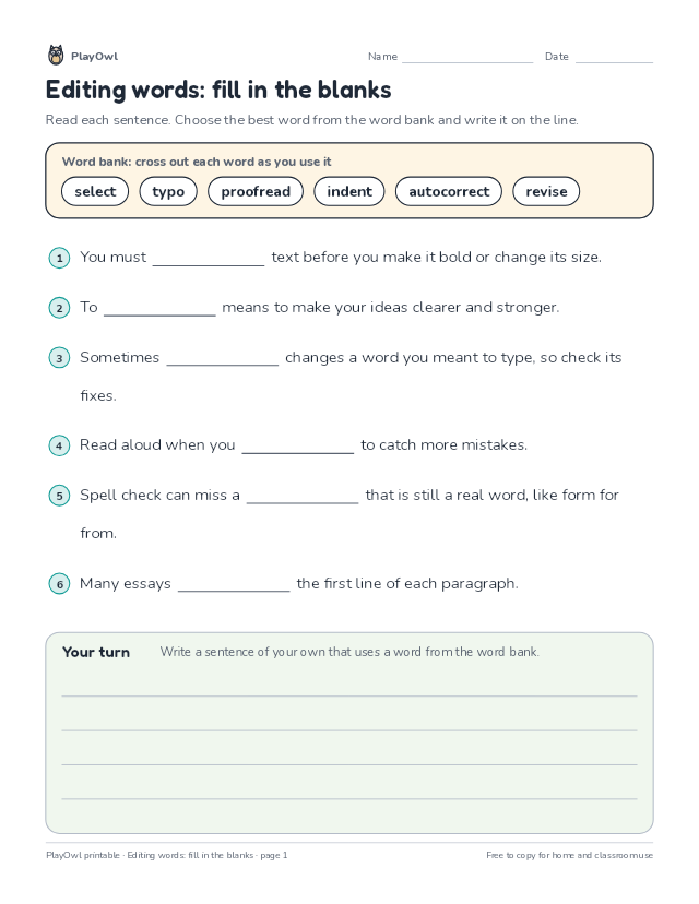Editing words: fill in the blanks: fill-in-the-blank worksheet for Grade 4, page 1 preview