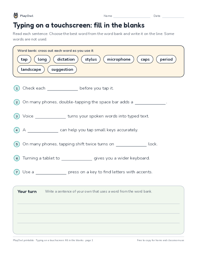 Typing on a touchscreen: fill in the blanks: fill-in-the-blank worksheet for Grade 4, page 1 preview