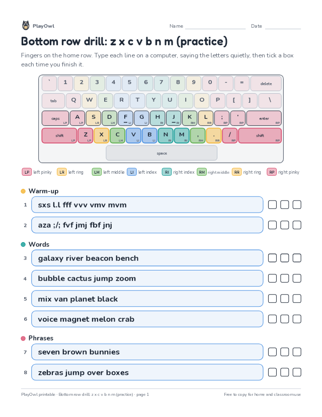 Bottom row drill: z x c v b n m (practice): typing worksheet for Grades 4–5, page 1 preview