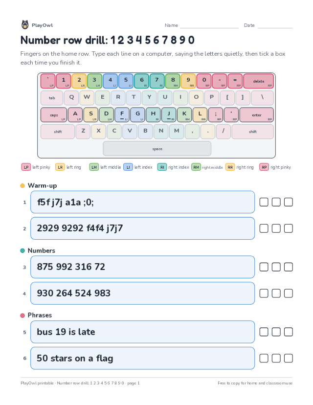 Number row drill: 1 2 3 4 5 6 7 8 9 0: typing worksheet for Grades 4–5, page 1 preview