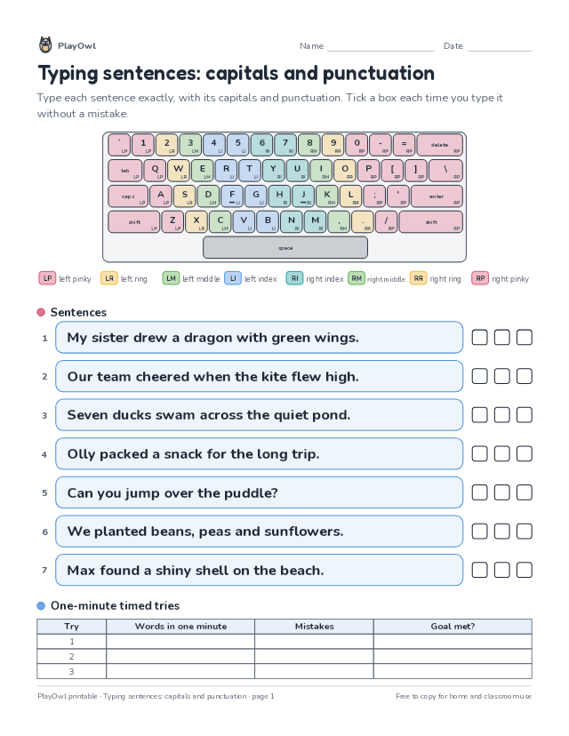 Typing sentences: capitals and punctuation: typing worksheet for Grade 4, page 1 preview