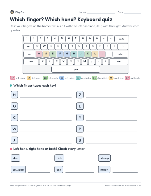 Which finger? Which hand? Keyboard quiz: typing worksheet for Grades 4–6, page 1 preview