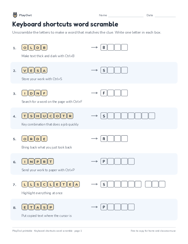 Keyboard shortcuts word scramble: word scramble for Grade 4, page 1 preview