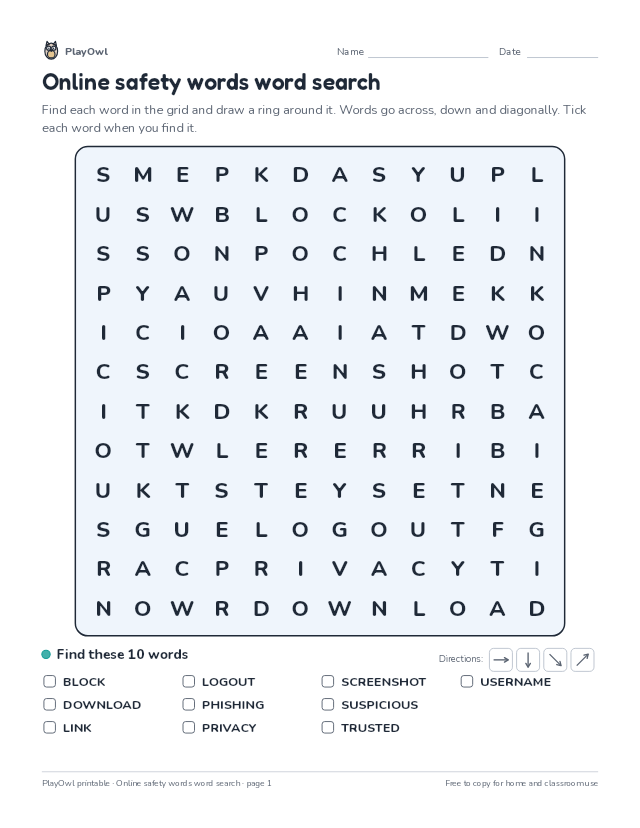 Online safety words word search: word search for Grade 4, page 1 preview