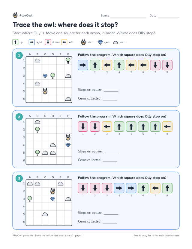 Trace the owl: where does it stop?: coding puzzle for Grade 5, page 1 preview