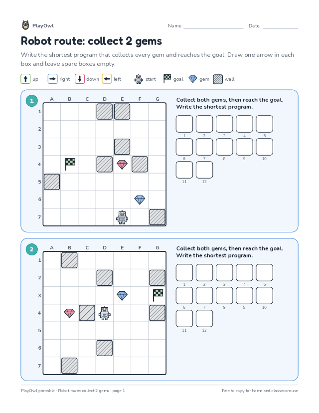 Robot route: collect 2 gems: coding puzzle for Grade 5, page 1 preview