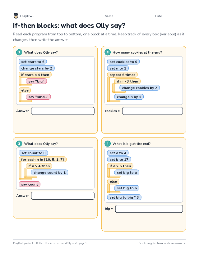 If-then blocks: what does Olly say?: coding worksheet for Grade 5, page 1 preview