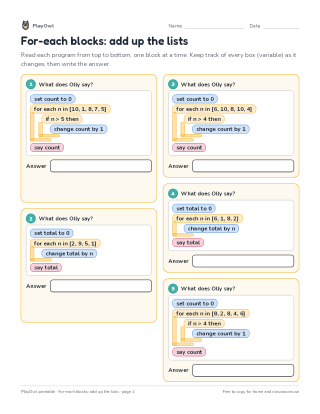 For-each blocks: add up the lists: coding worksheet for Grade 5, page 1 preview
