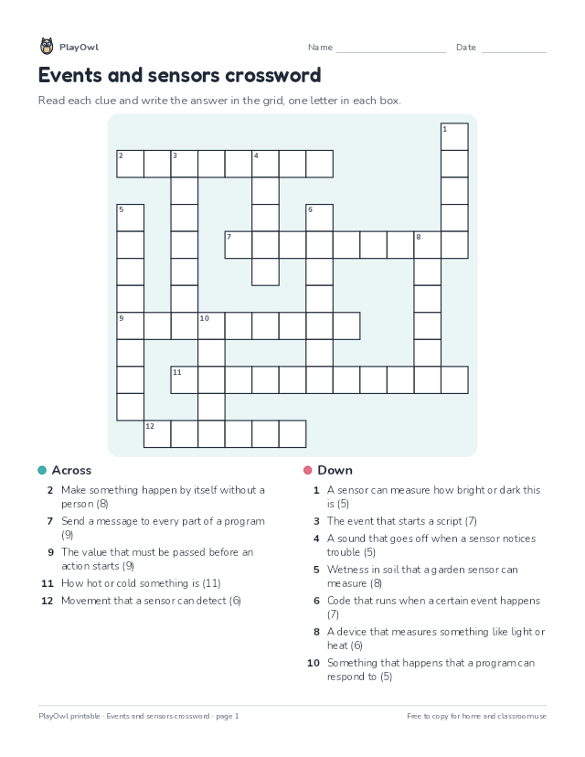 Events and sensors crossword: crossword puzzle for Grade 5, page 1 preview