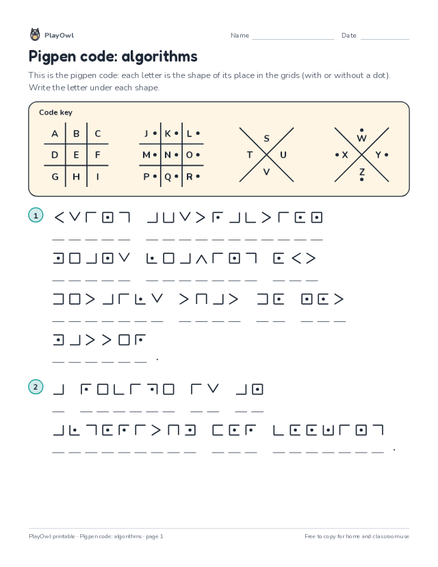 Pigpen code: algorithms: secret code puzzle for Grade 5, page 1 preview
