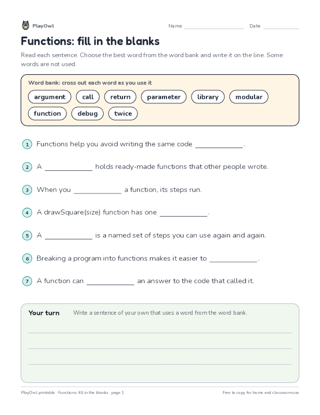 Functions: fill in the blanks: fill-in-the-blank worksheet for Grade 5, page 1 preview