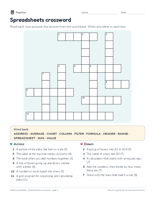 Spreadsheets crossword: crossword puzzle for Grade 5, page 1 preview
