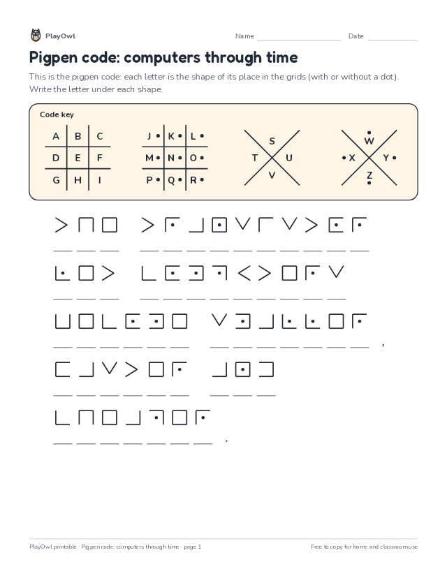 Pigpen code: computers through time: secret code puzzle for Grade 5, page 1 preview