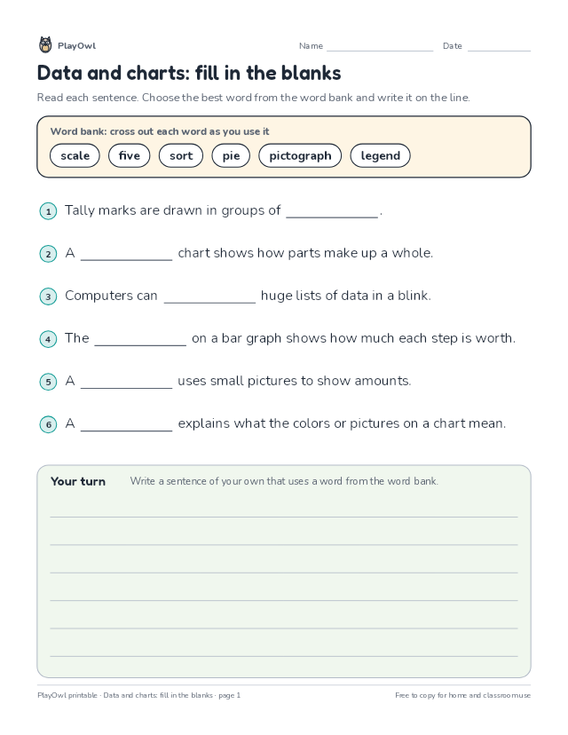Data and charts: fill in the blanks: fill-in-the-blank worksheet for Grade 5, page 1 preview