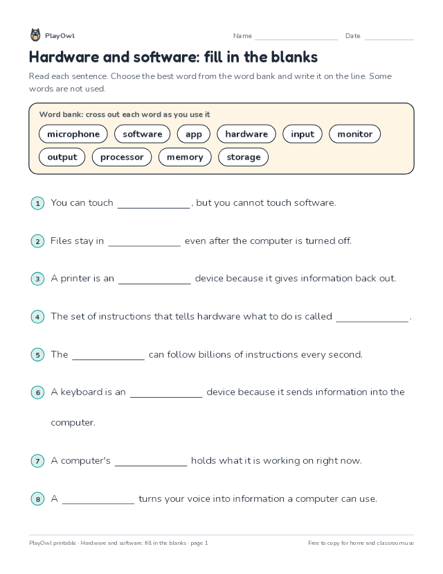 Hardware and software: fill in the blanks: fill-in-the-blank worksheet for Grade 5, page 1 preview