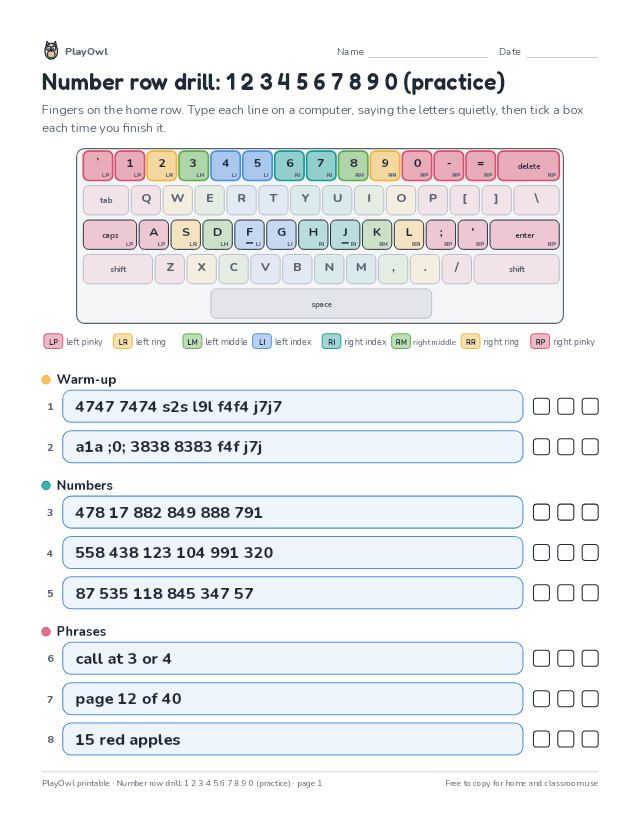 Number row drill: 1 2 3 4 5 6 7 8 9 0 (practice): typing worksheet for Grade 5, page 1 preview