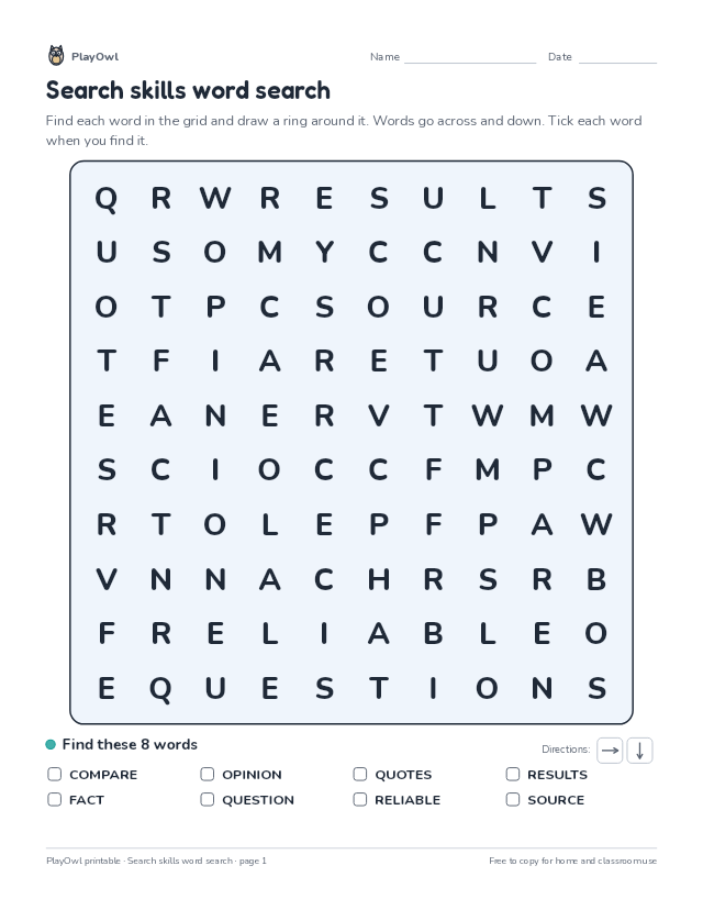Search skills word search: word search for Grade 5, page 1 preview