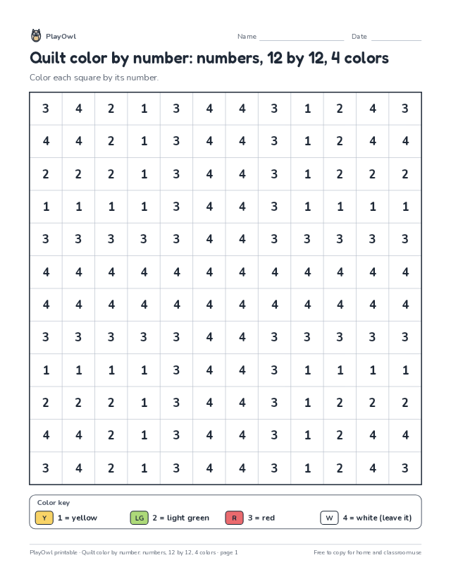 Quilt color by number: numbers, 12 by 12, 4 colors: color-by-number page for Grade 5, page 1 preview