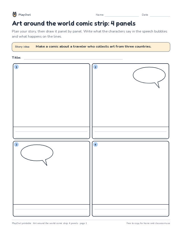 Art around the world comic strip: 4 panels: comic strip worksheet for Grade 5, page 1 preview