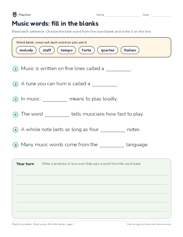 Music words: fill in the blanks: fill-in-the-blank worksheet for Grade 5, page 1 preview