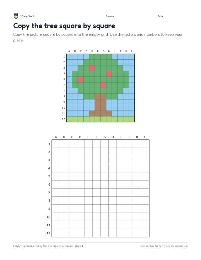 Copy the tree square by square: grid drawing worksheet for Grade 5, page 1 preview