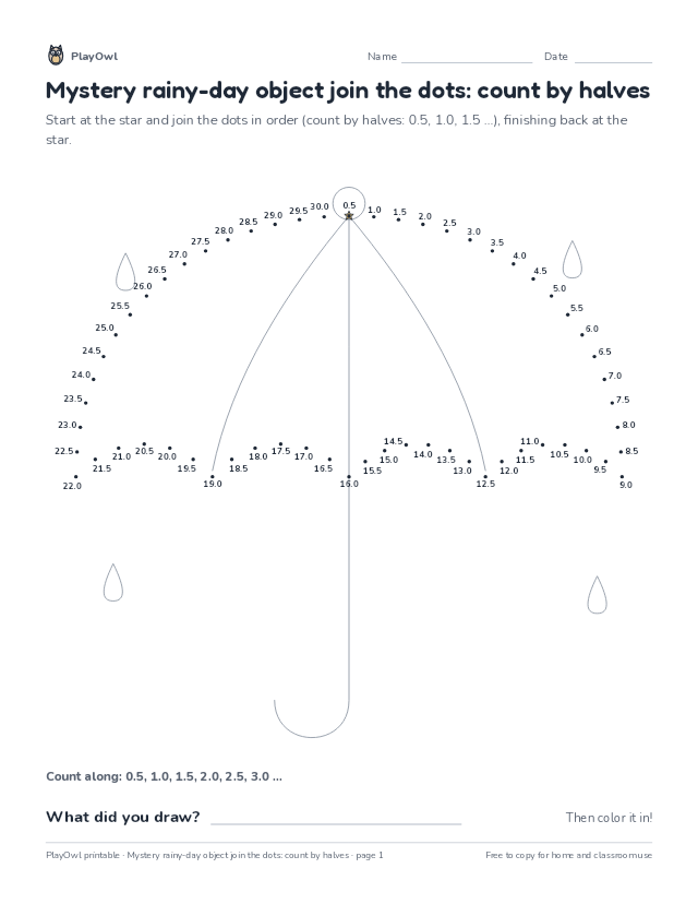 Mystery rainy-day object join the dots: count by halves: dot-to-dot for Grade 5, page 1 preview
