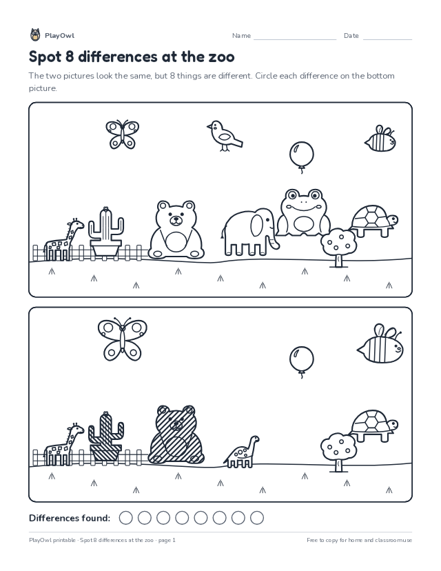 Spot 8 differences at the zoo: spot the difference puzzle for Grade 5, page 1 preview