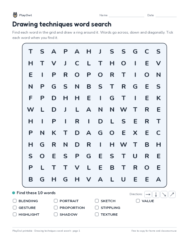 Drawing techniques word search: word search for Grade 5, page 1 preview