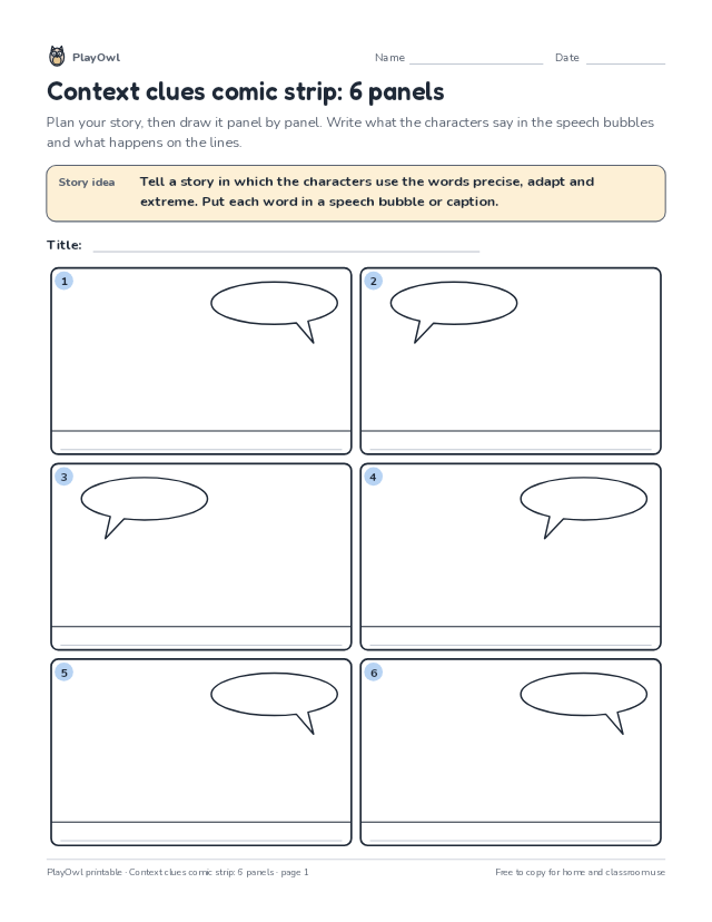 Context clues comic strip: 6 panels: comic strip worksheet for Grade 5, page 1 preview