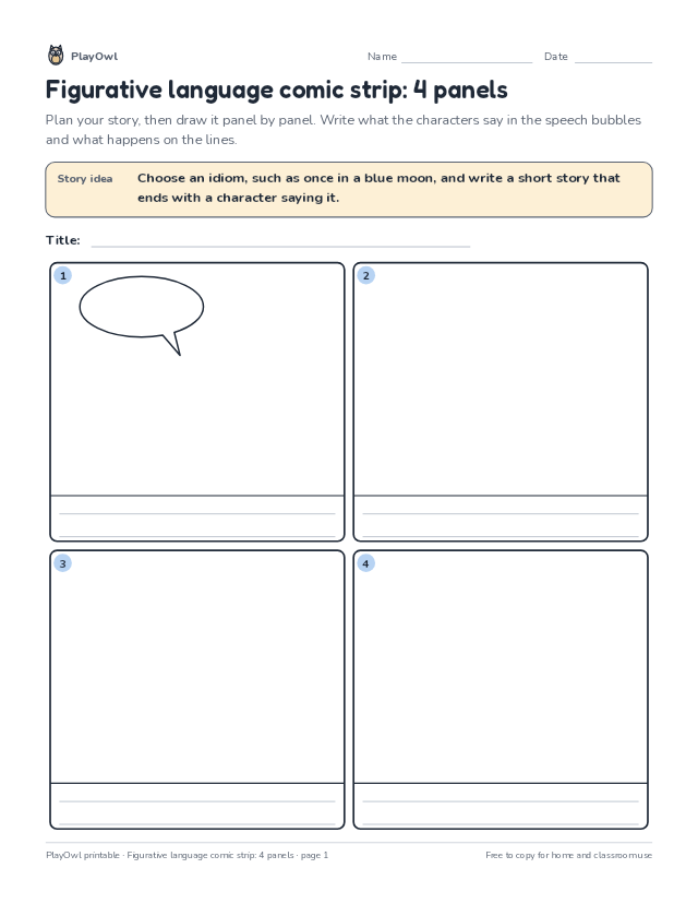 Figurative language comic strip: 4 panels: comic strip worksheet for Grade 5, page 1 preview