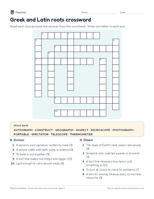 Greek and Latin roots crossword: crossword puzzle for Grade 5, page 1 preview