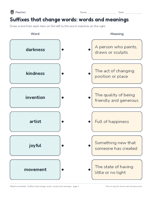 Suffixes that change words: words and meanings: matching worksheet for Grade 5, page 1 preview
