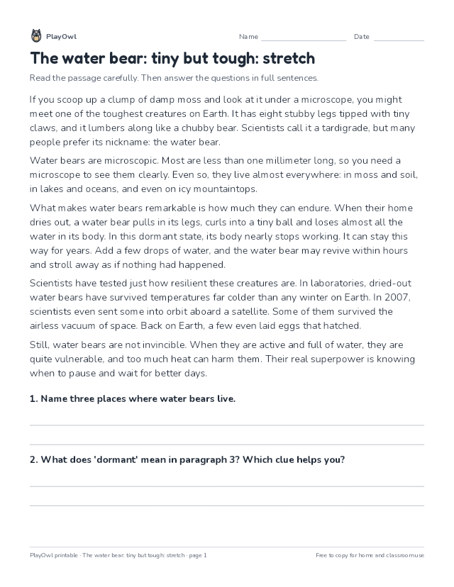 The water bear: tiny but tough: stretch: reading passage for Grade 5, page 1 preview