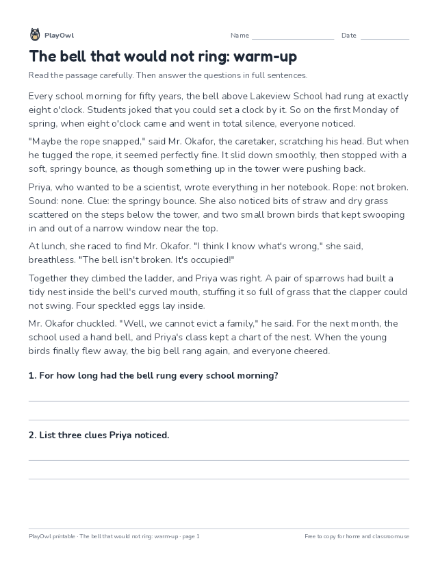 The bell that would not ring: warm-up: reading passage for Grade 5, page 1 preview