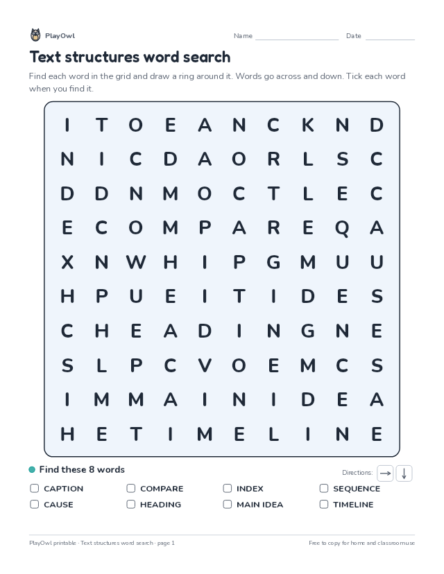 Text structures word search: word search for Grade 5, page 1 preview