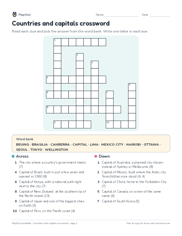 Countries and capitals crossword: crossword puzzle for Grade 5, page 1 preview