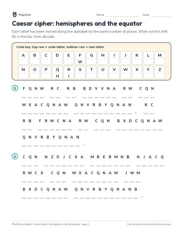 Caesar cipher: hemispheres and the equator: secret code puzzle for Grade 5, page 1 preview
