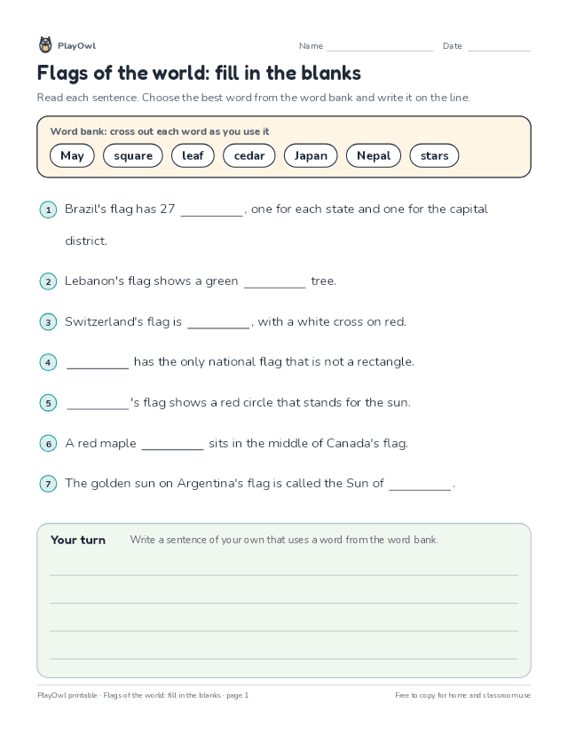 Flags of the world: fill in the blanks: fill-in-the-blank worksheet for Grade 5, page 1 preview