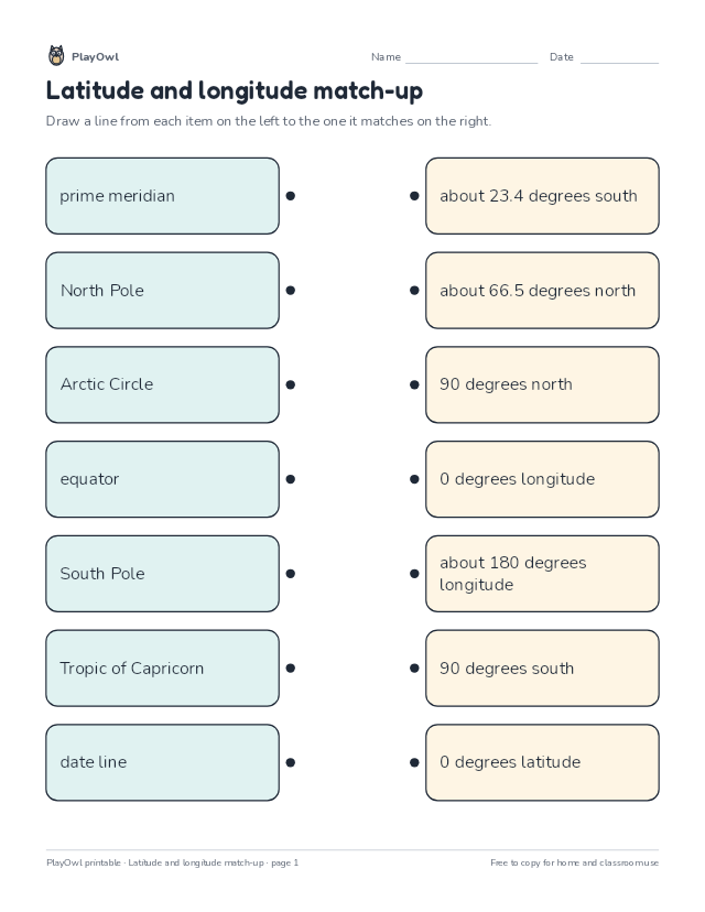Latitude and longitude match-up: matching worksheet for Grade 5, page 1 preview