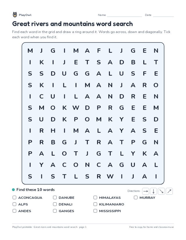 Great rivers and mountains word search: word search for Grade 5, page 1 preview