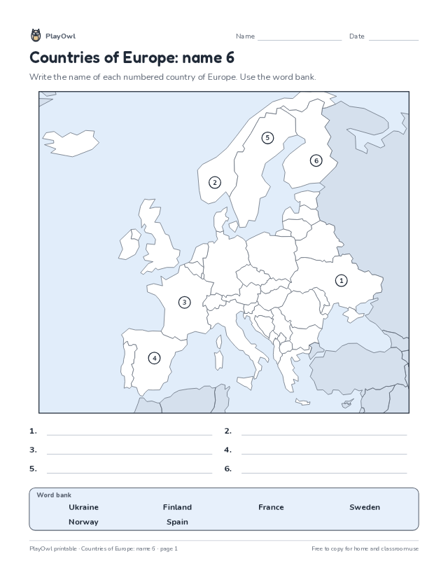 Countries of Europe: name 6: map worksheet for Grade 5, page 1 preview