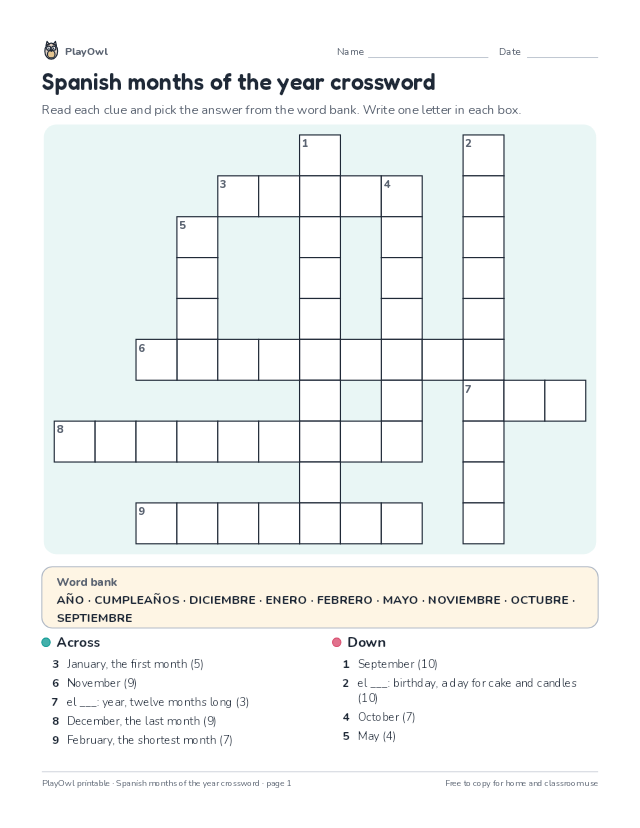 Spanish months of the year crossword: crossword puzzle for Grade 5, page 1 preview