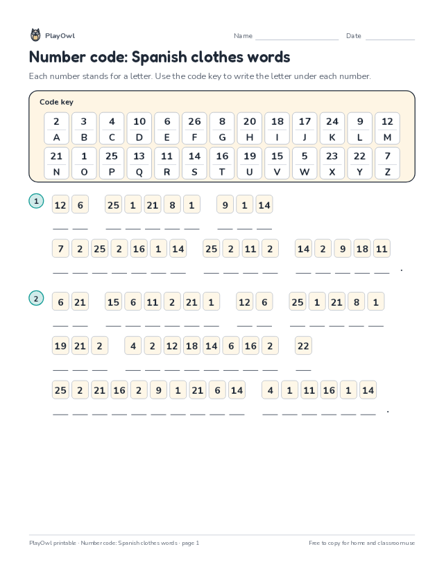 Number code: Spanish clothes words: secret code puzzle for Grade 5, page 1 preview