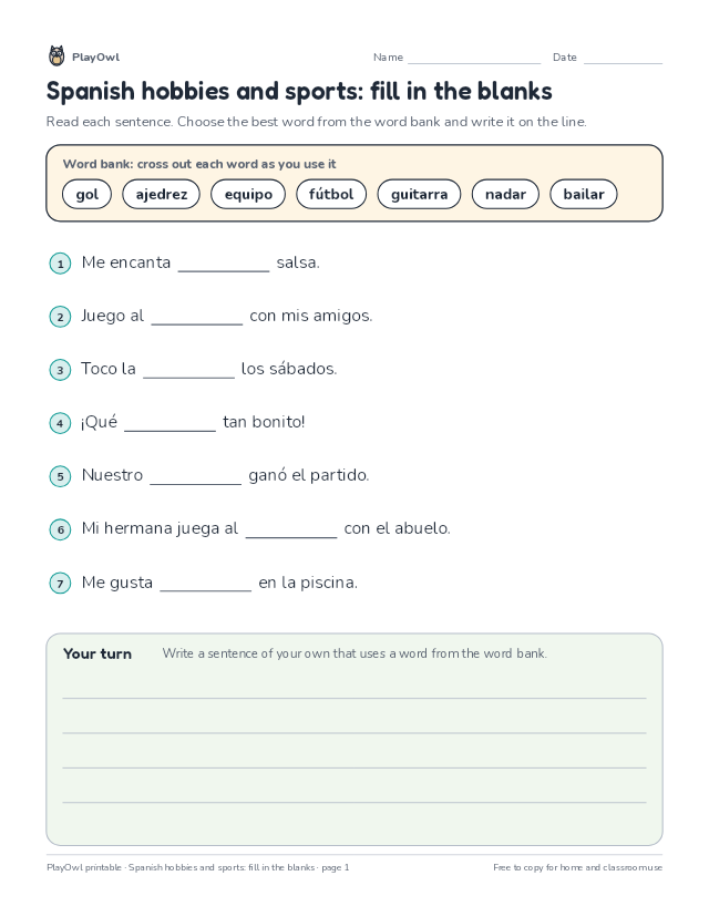 Spanish hobbies and sports: fill in the blanks: fill-in-the-blank worksheet for Grade 5, page 1 preview