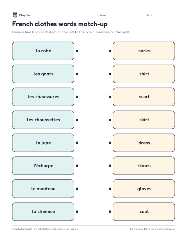 French clothes words match-up: matching worksheet for Grade 5, page 1 preview