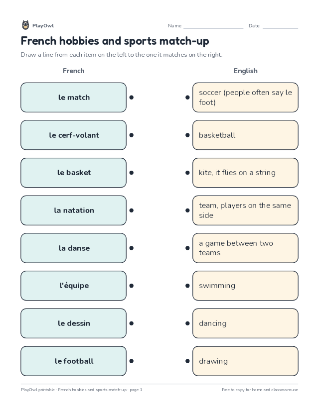 French hobbies and sports match-up: matching worksheet for Grade 5, page 1 preview